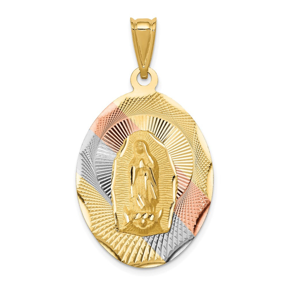 14K with Rose and White Rhodium Diamond-cut Solid Large Our Lady Of Guadalupe Oval Pendant