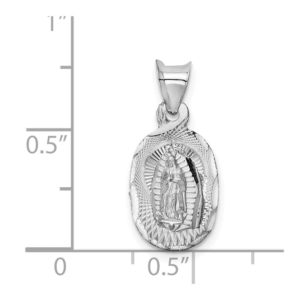 14k White Gold Polished Diamond-cut Semi-solid Our Lady Of Guadalupe Oval Pendant