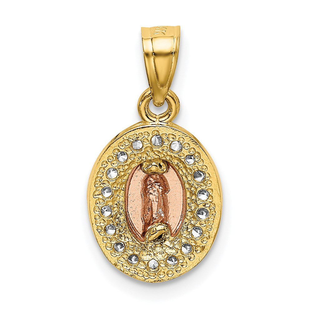 14K Two-Tone with White Rhodium Diamond-cut CZ Our Lady of Guadalupe Oval Pendant