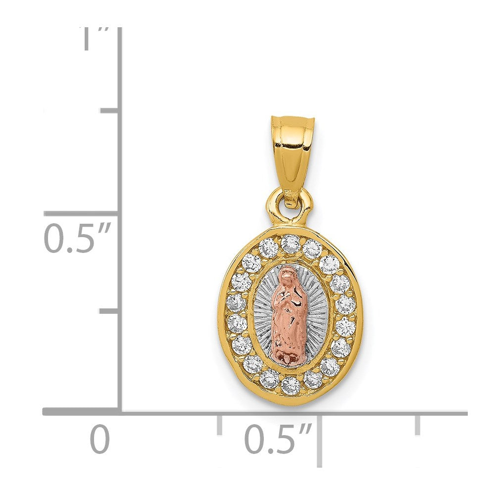 14K Two-Tone with White Rhodium Diamond-cut CZ Our Lady of Guadalupe Oval Pendant