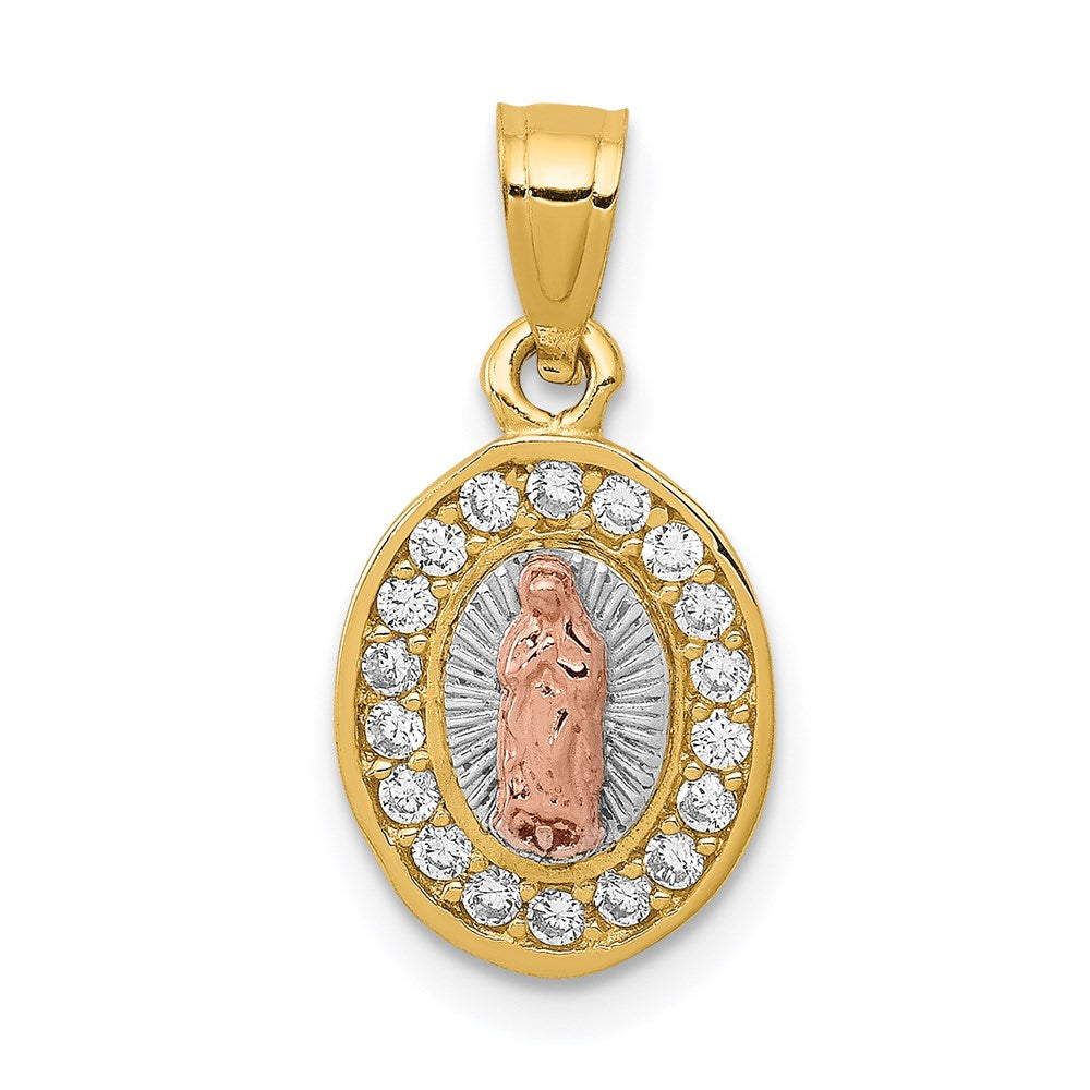 14K Two-Tone with White Rhodium Diamond-cut CZ Our Lady of Guadalupe Oval Pendant
