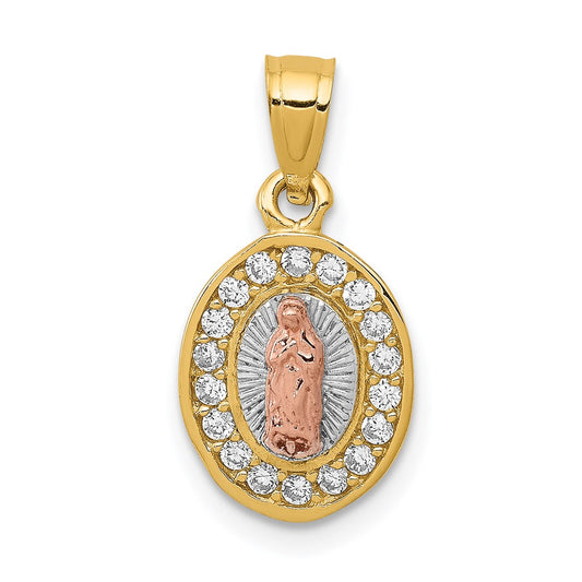 14K Two-Tone with White Rhodium Diamond-cut CZ Our Lady of Guadalupe Oval Pendant