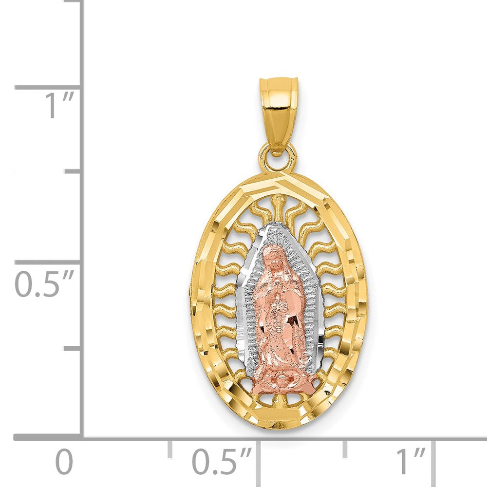 14K Two-tone with White Rhodium Diamond-cut Our Lady of Guadalupe Oval Charm