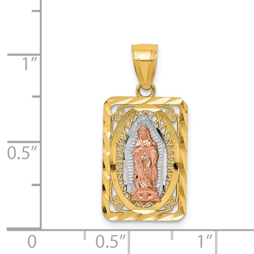 14k Two-tone with White Rhodium Diamond-cut Our Lady of Guadalupe Rectangular Pendant