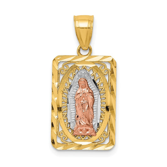 14k Two-tone with White Rhodium Diamond-cut Our Lady of Guadalupe Rectangular Pendant