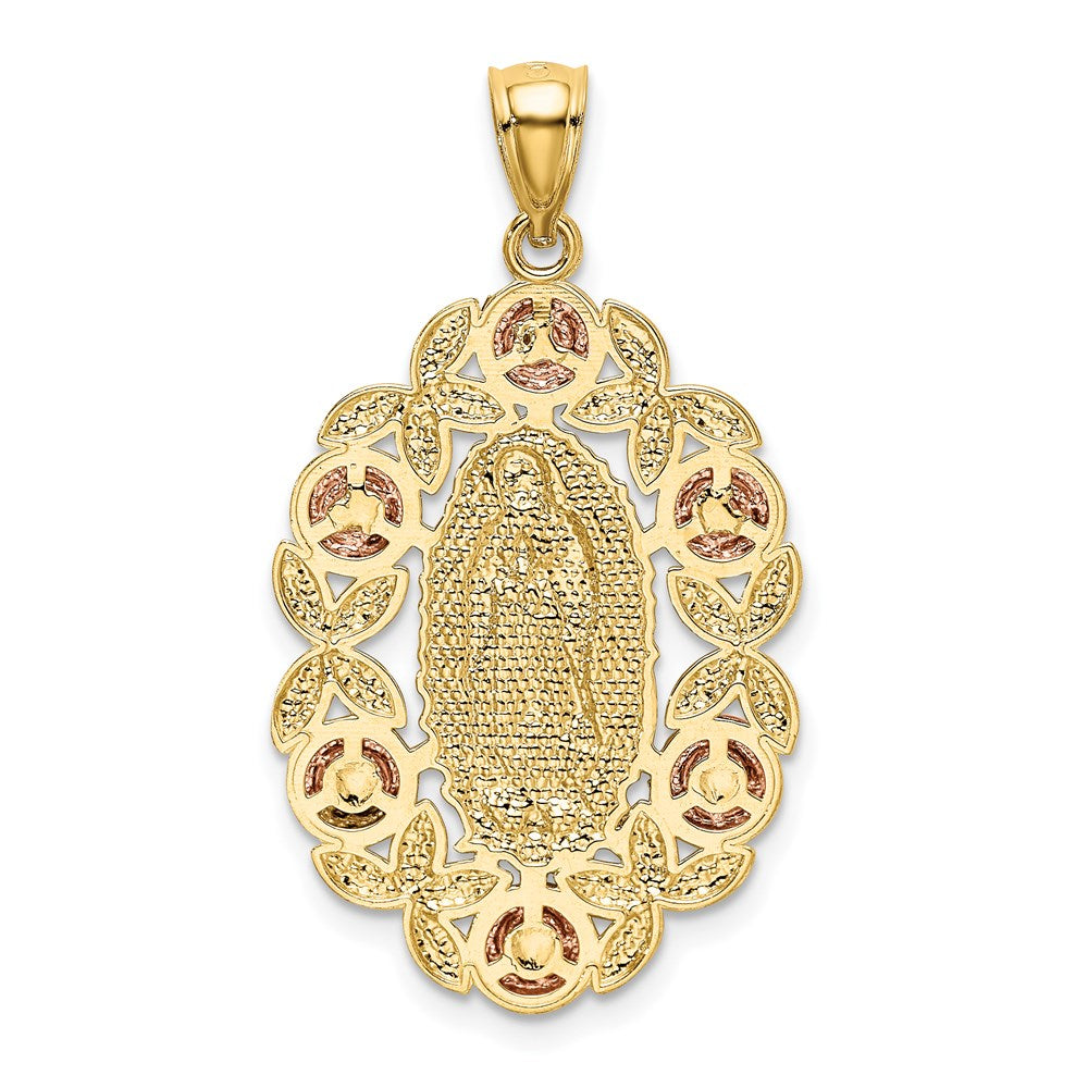 14K Two-Tone with White Rhodium Our Lady Of Guadalupe with Flowers Oval Pendant
