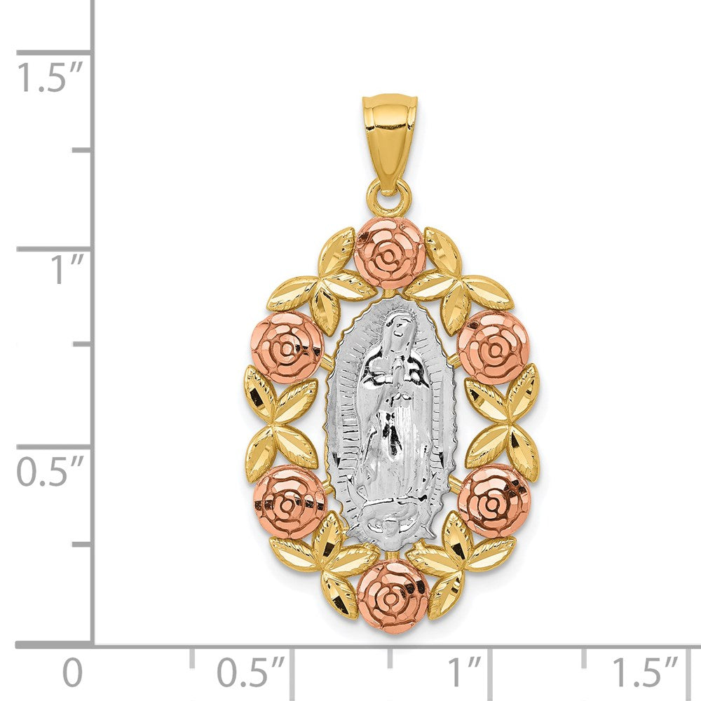 14K Two-Tone with White Rhodium Our Lady Of Guadalupe with Flowers Oval Pendant