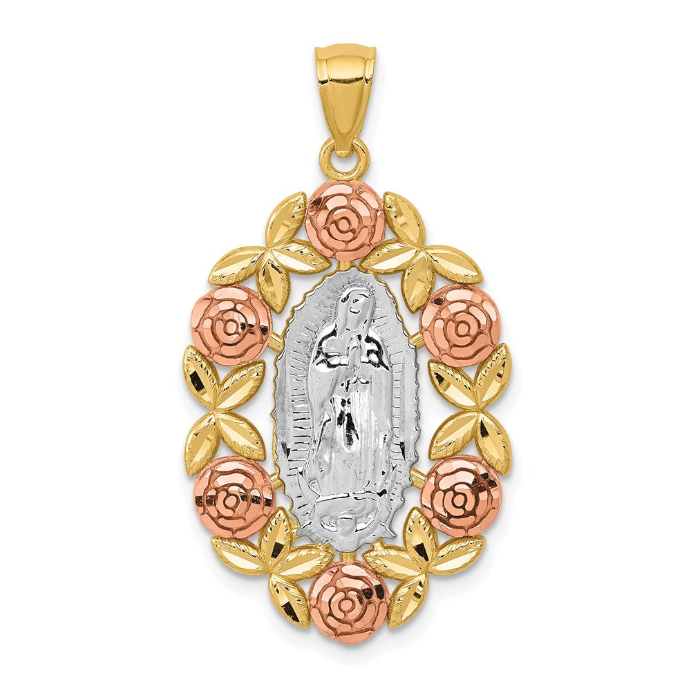 14K Two-Tone with White Rhodium Our Lady Of Guadalupe with Flowers Oval Pendant