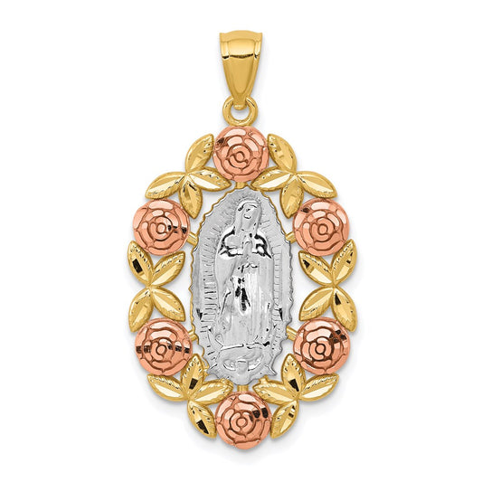 14K Two-Tone with White Rhodium Our Lady Of Guadalupe with Flowers Oval Pendant
