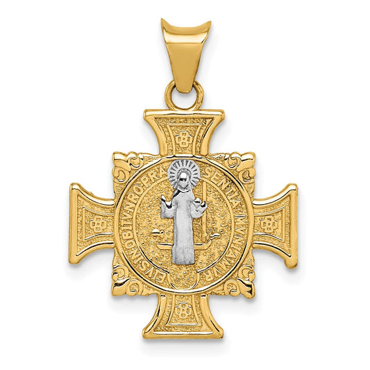 14K and White Rhodium Semi-solid St. Benedict Cross Pendant