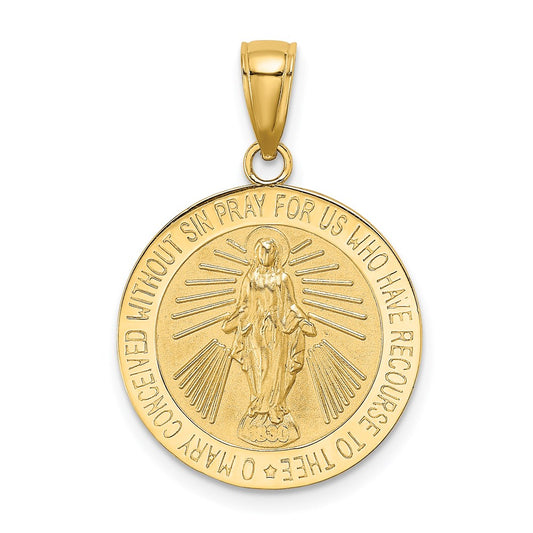 14K Polished and Satin Miraculous Medal Round Charm