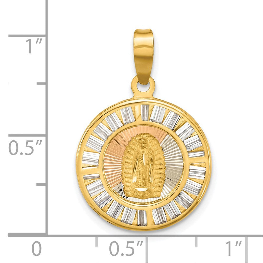 14K with Rose and White Rhodium Polished Baguette CZ Our Lady of Guadalupe Round Pendant