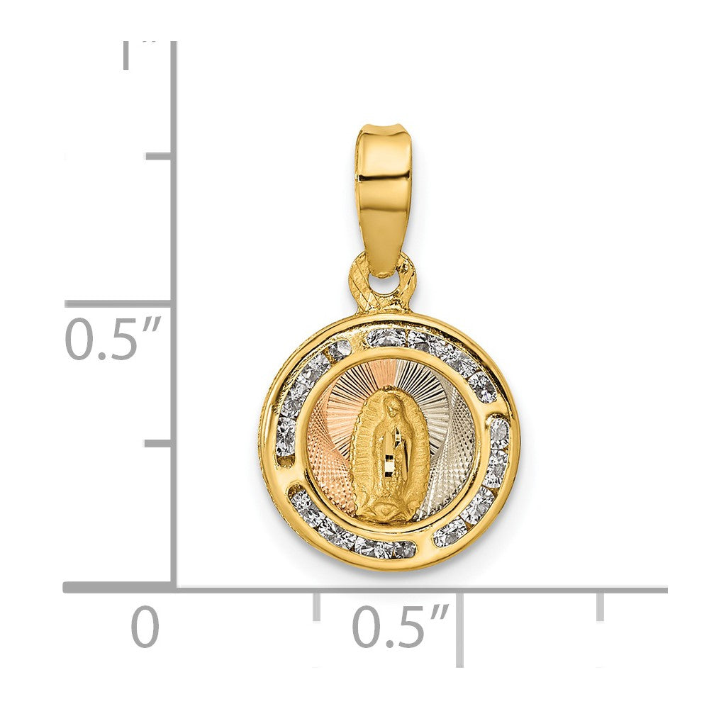 14K with Rose and White Rhodium Polished CZ Our Lady of Guadalupe Round Pendant