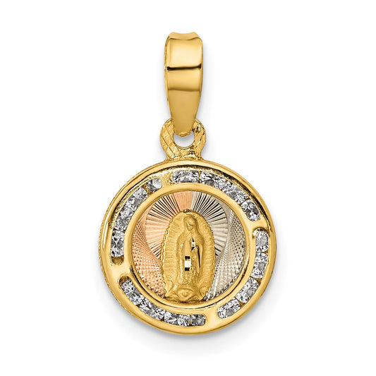 14K with Rose and White Rhodium Polished CZ Our Lady of Guadalupe Round Pendant