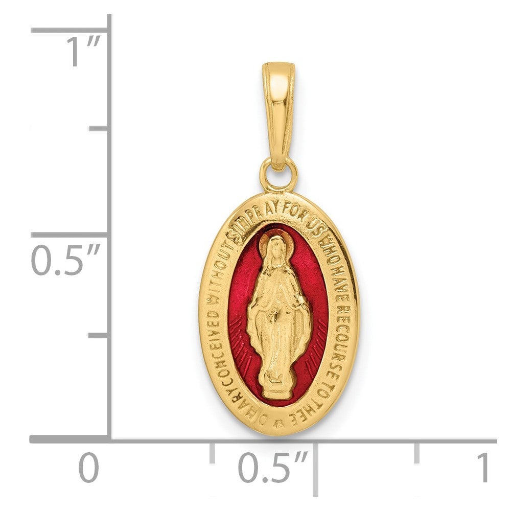 14k Solid Red Enameled Miraculous Medal Oval Pendant