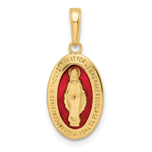 14k Solid Red Enameled Miraculous Medal Oval Pendant