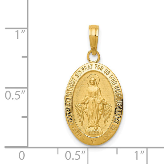 14k Polished and Satin Solid Miraculous Medal Oval Pendant