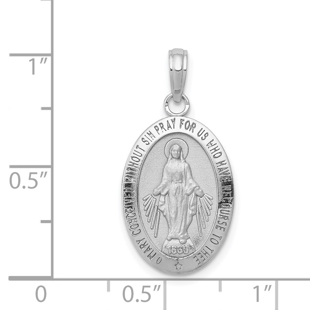 14k White Gold Polished and Satin Solid Miraculous Medal Oval Pendant
