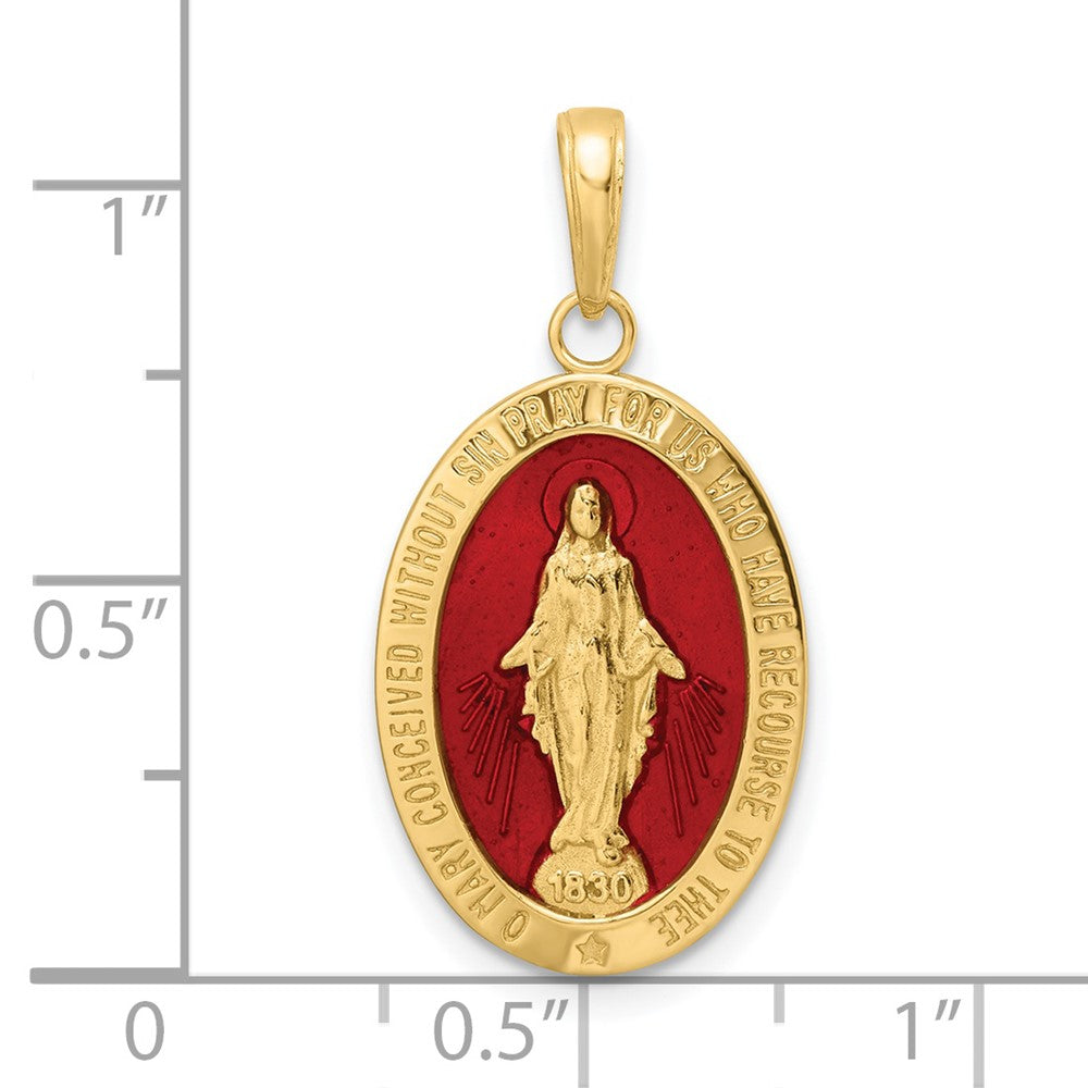 14k Solid Red Enameled Miraculous Medal Oval Pendant