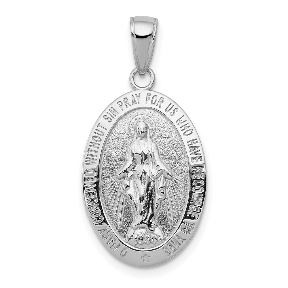 14k White Gold Polished and Satin Solid Miraculous Medal Oval Pendant