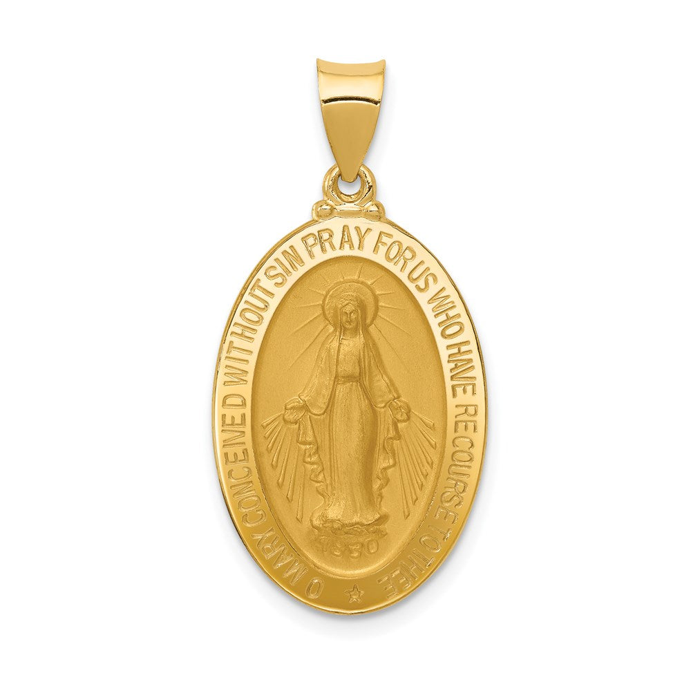 14k Polished and Satin Hollow Miraculous Medal Oval Pendant