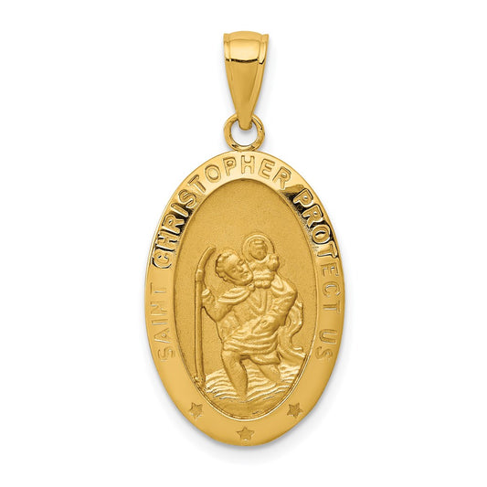 14k Polished and Satin Solid Saint Christopher Medal Oval Pendant