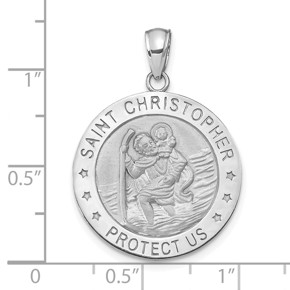 14K White Gold Polished and Satin Solid Saint Christopher Medal Round Pendant