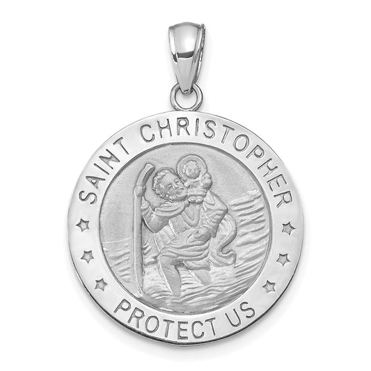 14K White Gold Polished and Satin Solid Saint Christopher Medal Round Pendant