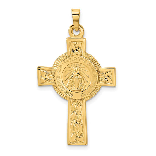 14k Polished Cross with Miraculous Medal Center Pendant