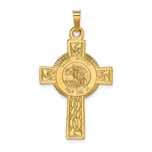14k Polished Cross with St. Michael Medal Pendant