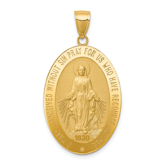 14k Polished and Satin Solid Miraculous Medal Oval Pendant