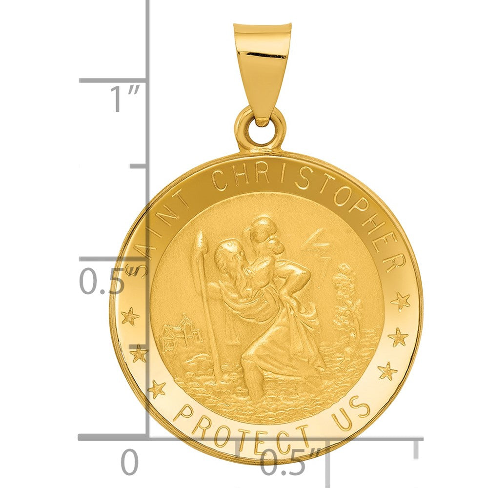 14k Polished and Satin Hollow Saint Christopher Medal Round Pendant