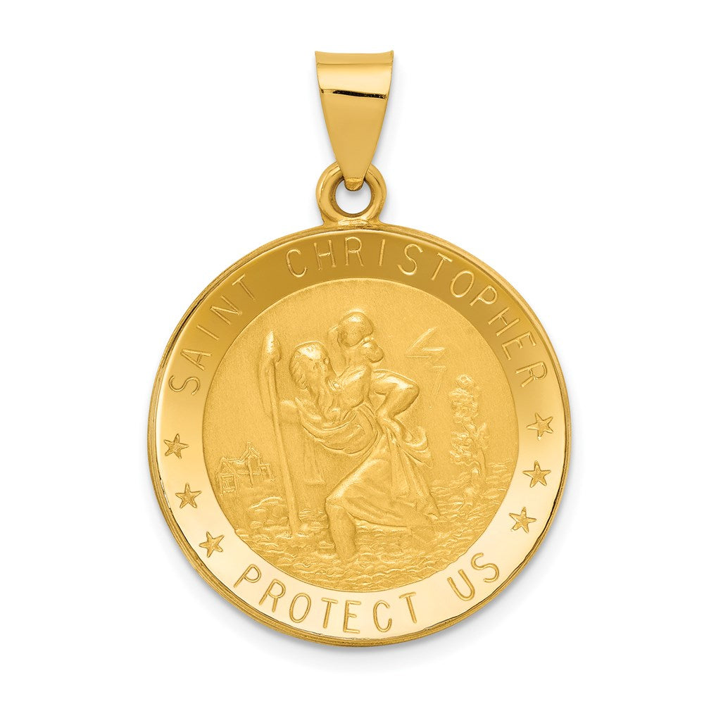 14k Polished and Satin Hollow Saint Christopher Medal Round Pendant