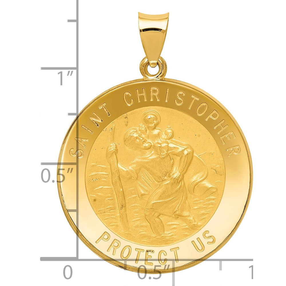 14k Polished and Satin Hollow Saint Christopher Medal Round Pendant