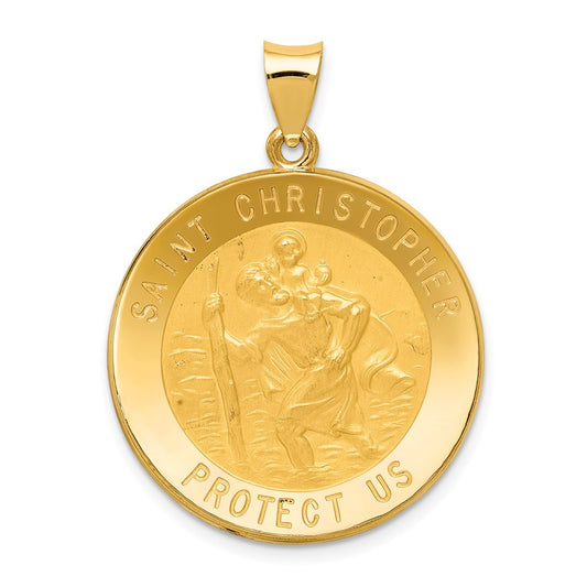 14k Polished and Satin Hollow Saint Christopher Medal Round Pendant