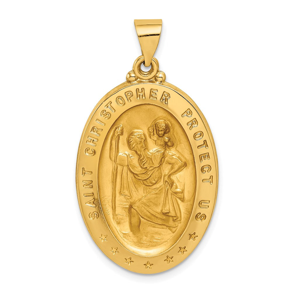 14k Polished and Satin Hollow Saint Christopher Medal Oval Pendant