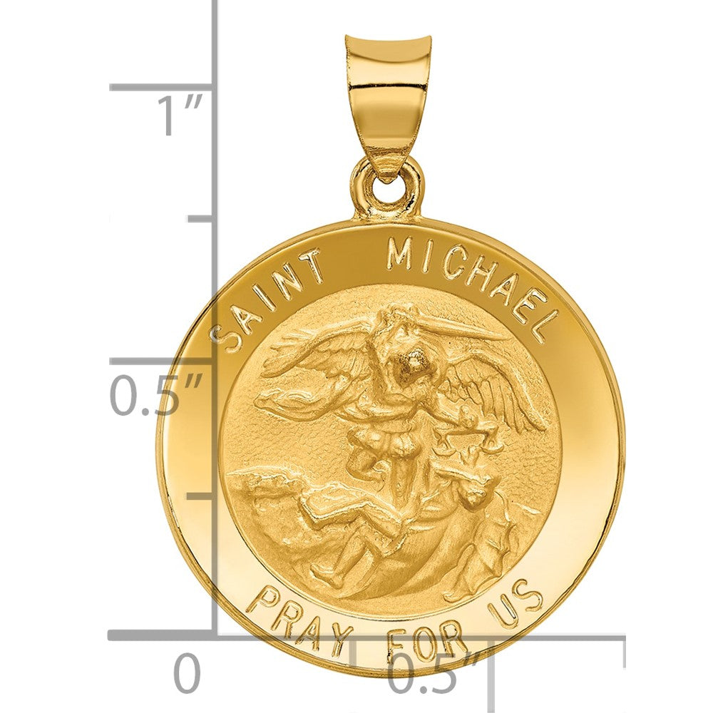 14k Polished and Satin Hollow St. Michael Medal Round Pendant