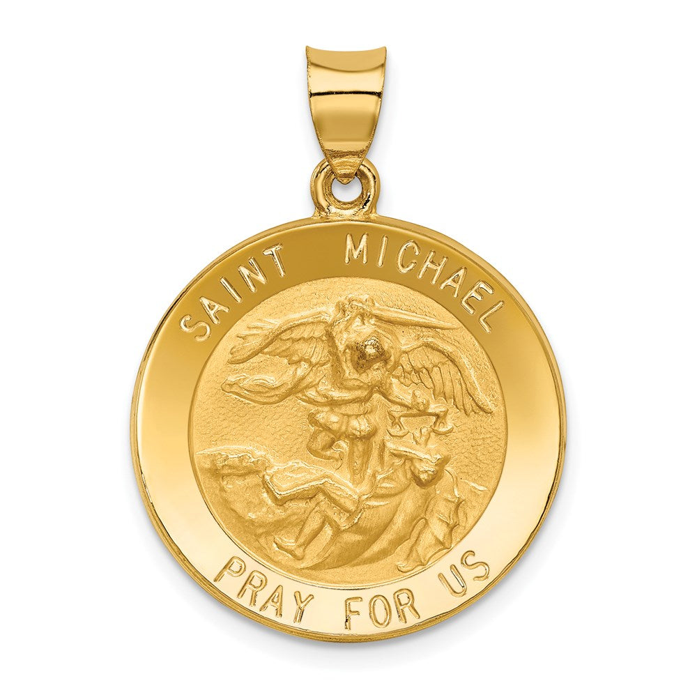 14k Polished and Satin Hollow St. Michael Medal Round Pendant