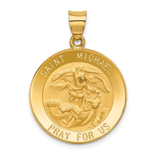 14k Polished and Satin Hollow St. Michael Medal Round Pendant