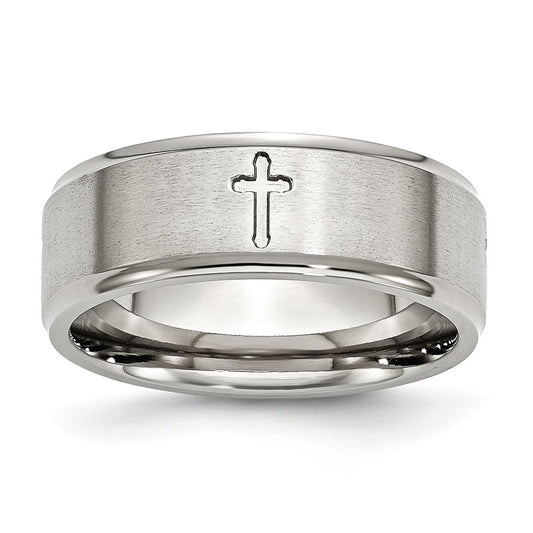 Chisel Stainless Steel Brushed and Polished Cross 8mm Ridged Edge Band