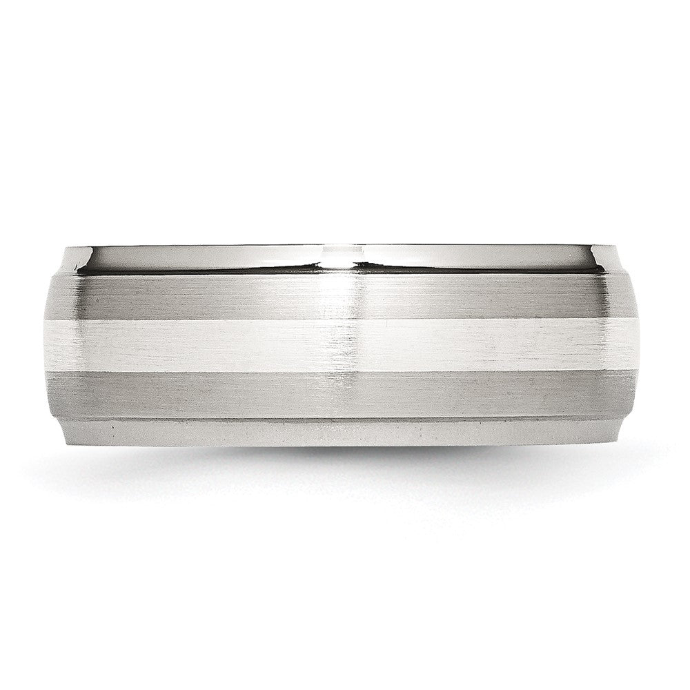 Chisel Stainless Steel Sterling Silver Inlay Brushed and Polished 8mm Ridged Edge Band