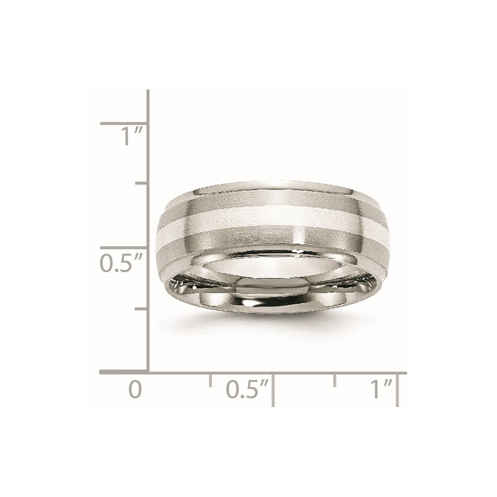 Chisel Stainless Steel Sterling Silver Inlay Brushed and Polished 8mm Ridged Edge Band