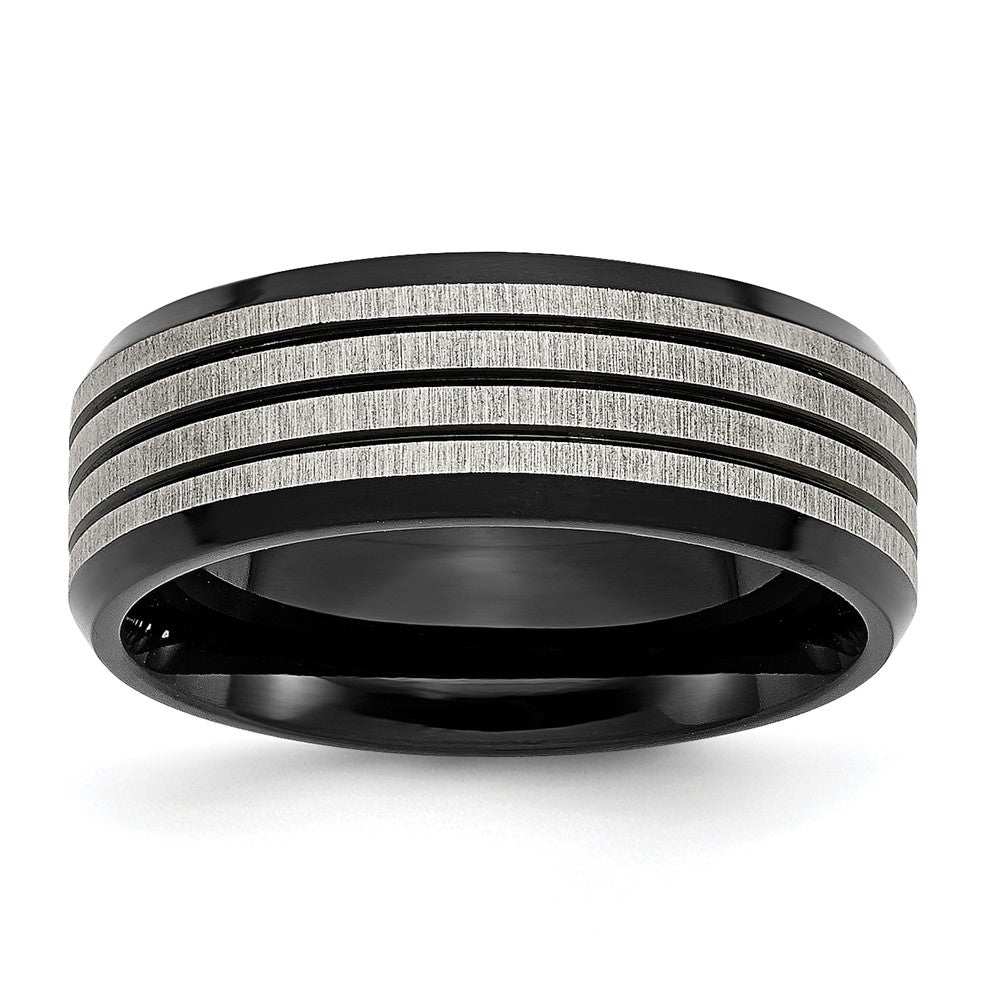 Chisel Stainless Steel Brushed and Polished Black IP-plated Striped 8mm Band