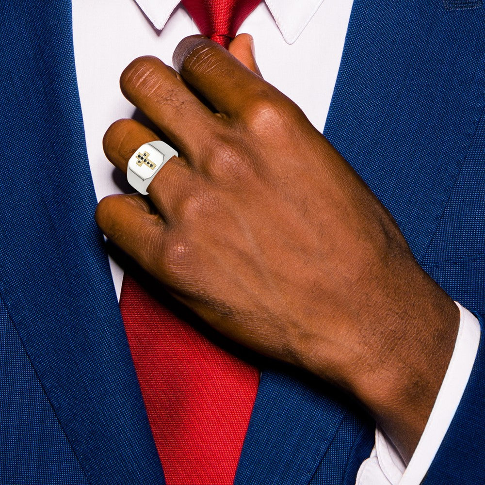 Chisel Stainless Steel Polished with 14k Gold Accent 1/15 Carat Sapphire Cross Signet Ring