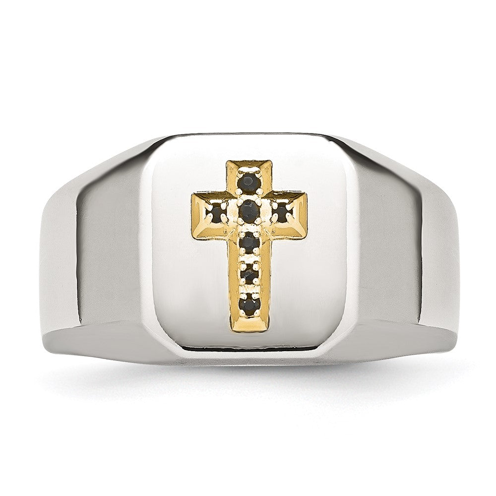 Chisel Stainless Steel Polished with 14k Gold Accent 1/15 Carat Sapphire Cross Signet Ring