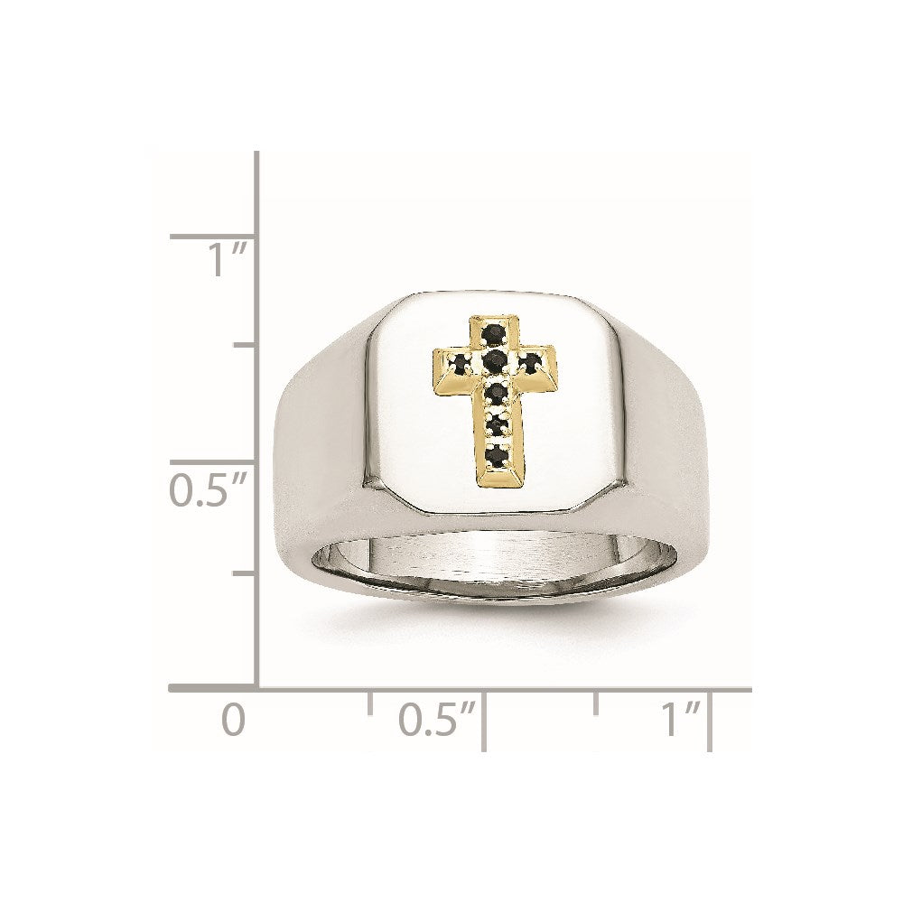 Chisel Stainless Steel Polished with 14k Gold Accent 1/15 Carat Sapphire Cross Signet Ring