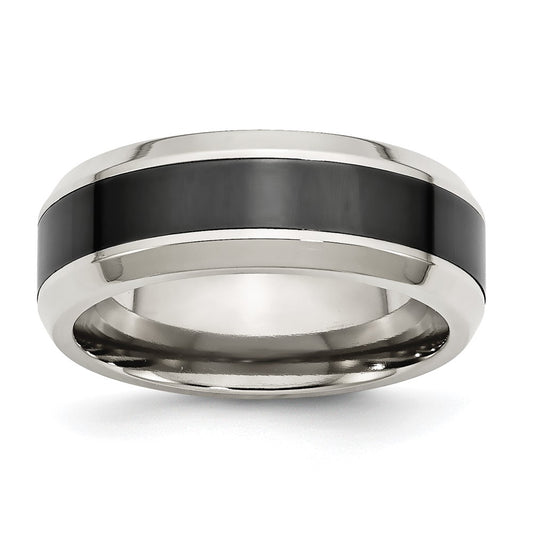 Chisel Stainless Steel Base with Polished Black Ceramic Center Beveled Band