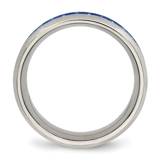 Chisel Stainless Steel Polished with Blue Carbon Fiber Inlay 8mm Beveled Edge Band