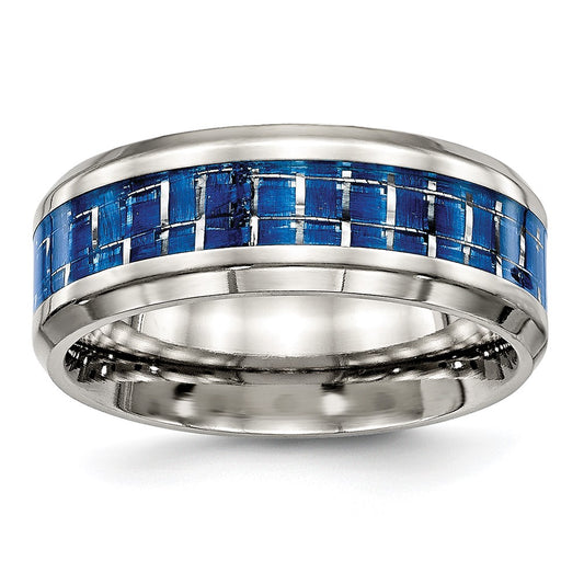 Chisel Stainless Steel Polished with Blue Carbon Fiber Inlay 8mm Beveled Edge Band