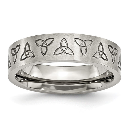 Chisel Stainless Steel Brushed with Engraved Trinity Symbol 6mm Band